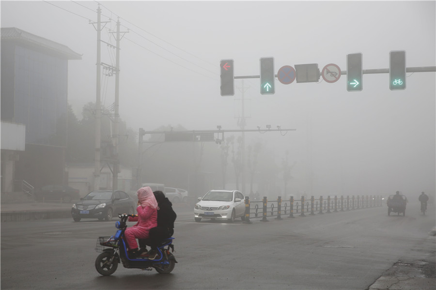 11月13日，河南省宝丰县，浓雾中的交通参与者。新华网发（何五昌 摄）
